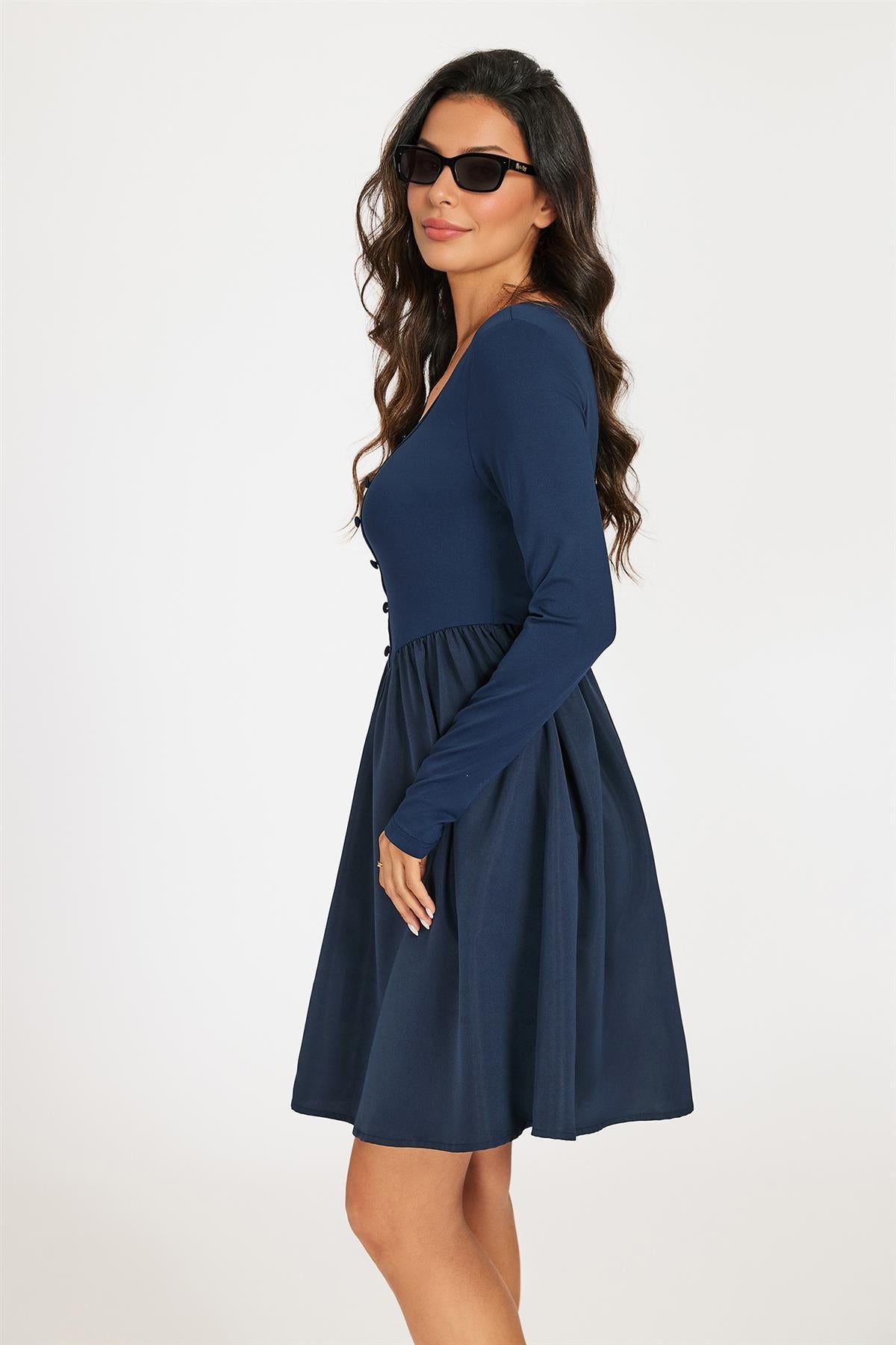 Square Neck Button Detail Long Sleeve Mini Dress In Navy