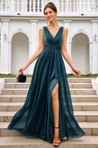 Sparkly V Neck Bridesmaid Maxi Dress In Teal