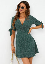 Dot Print Wrap Top Mini Dress In Green