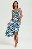 Robe midi bleu imprimé floral encolure cœur