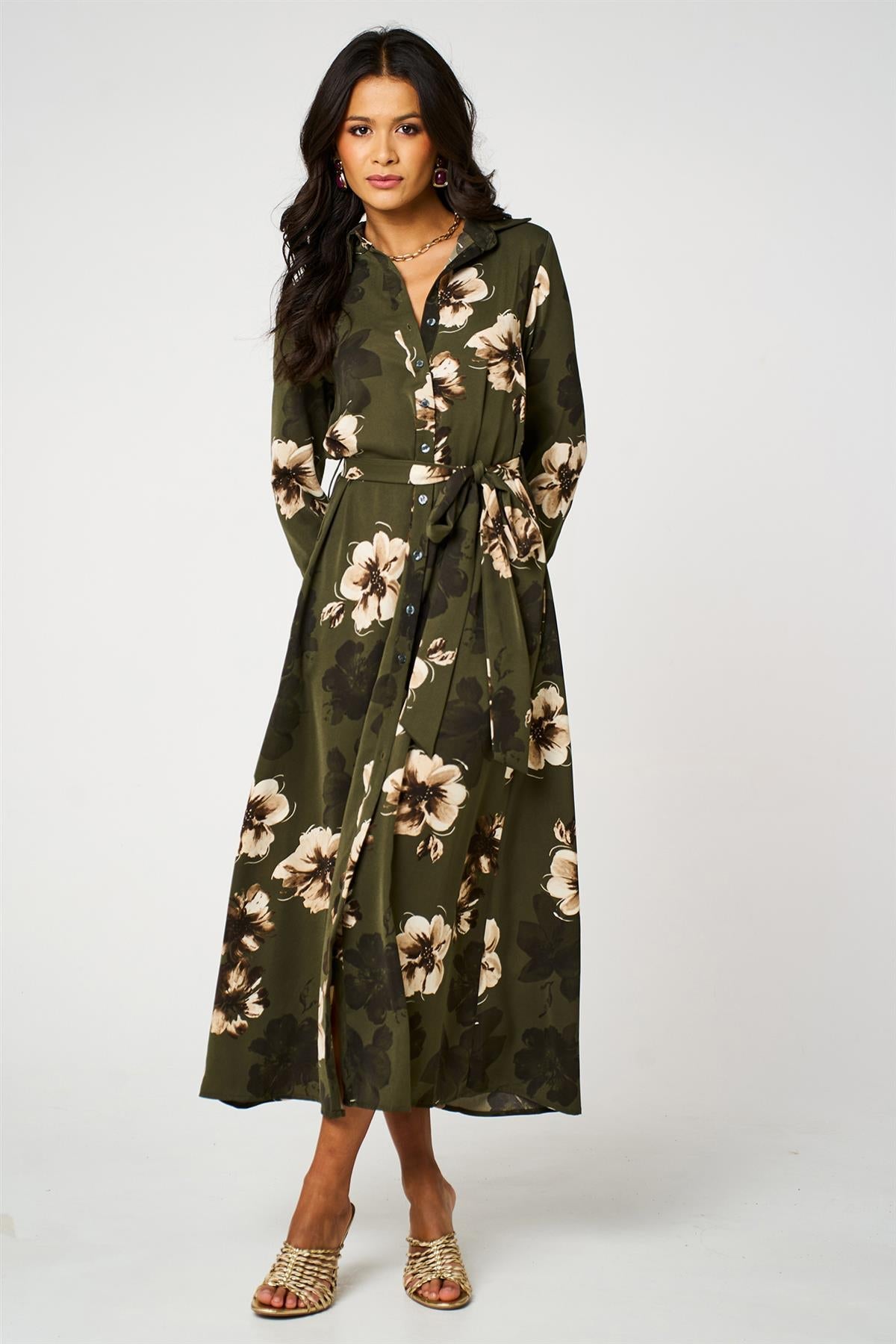 Large Floral Long Sleeve Belted Shirt Dress In Olive Green