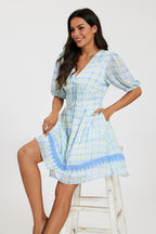 Gingham Lace Detail Mini Dress In Green