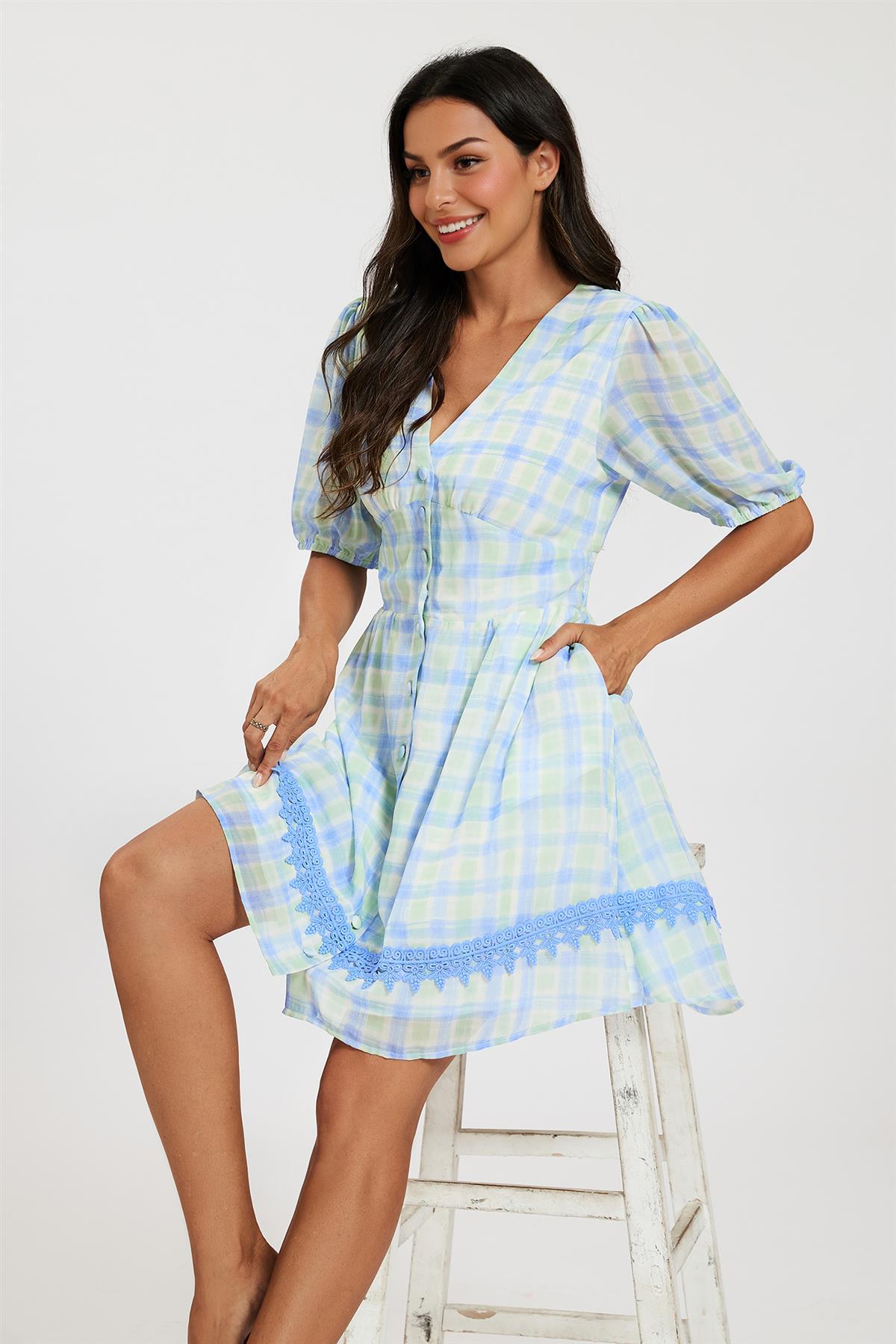 Gingham Lace Detail Mini Dress In Green