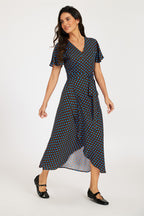 Brown & Blue Polka Dot Print Wrap Maxi Dress