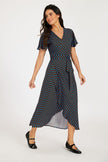 Brown & Blue Polka Dot Print Wrap Maxi Dress