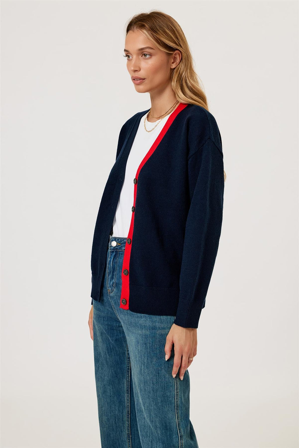 Little Heart Embroidery Stripe Trim Cardigan Top In Navy & Red