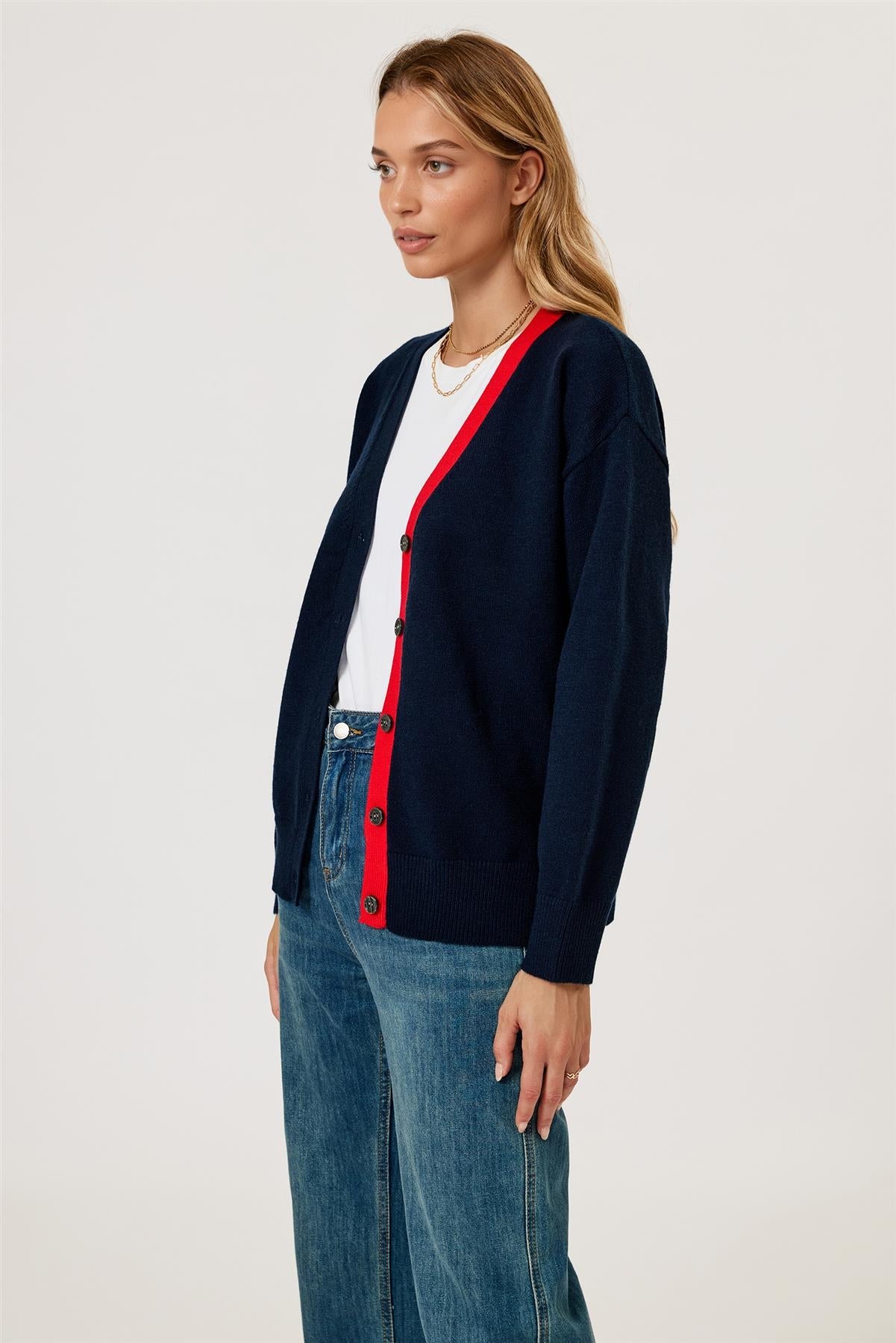 Little Heart Embroidery Stripe Trim Cardigan Top In Navy & Red