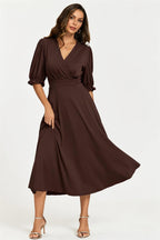 Half Sleeves Jersey Midi Dress with Wrap Neckline In Chocolate
