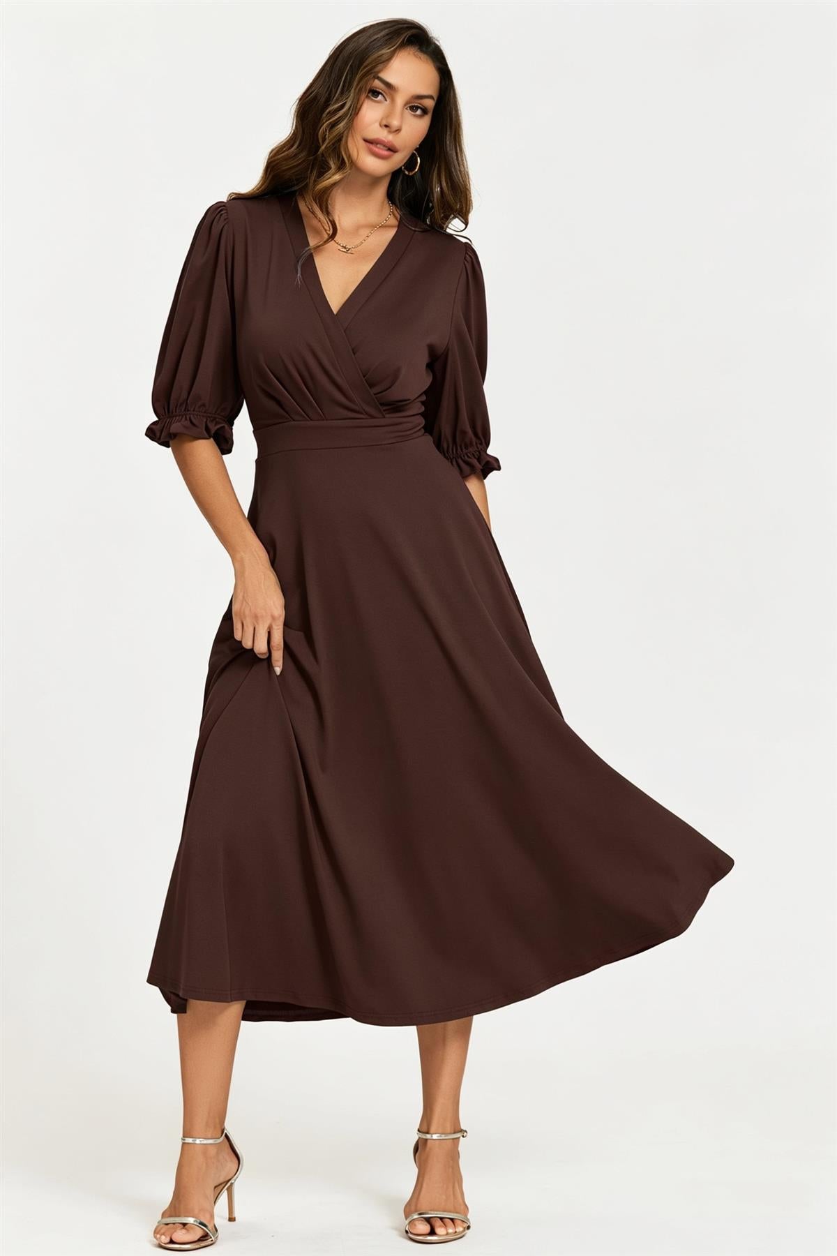Half Sleeves Jersey Midi Dress with Wrap Neckline In Chocolate