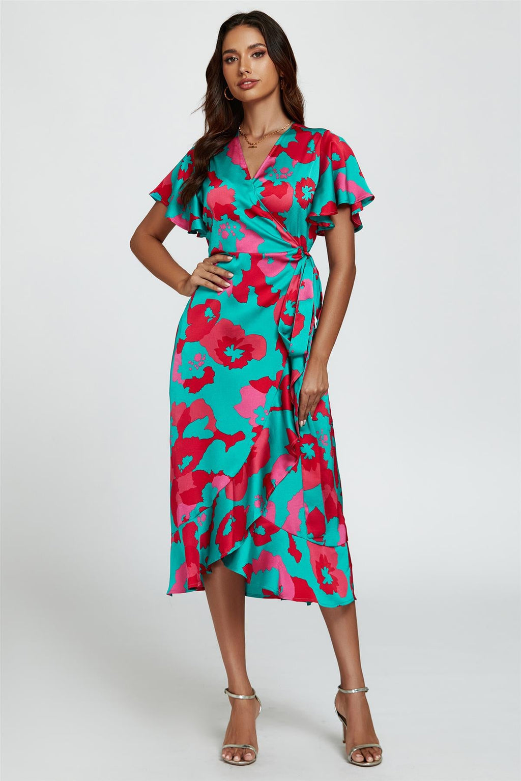 Leopard Print Angel Sleeve Wrap Midi Blue Pink