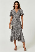 Floral Print Midi Wrap Dress In Black
