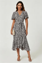 Floral Print Midi Wrap Dress In Black