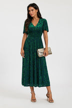 Green Velvet Burnout V-Neck Angel Sleeve Midi Dress