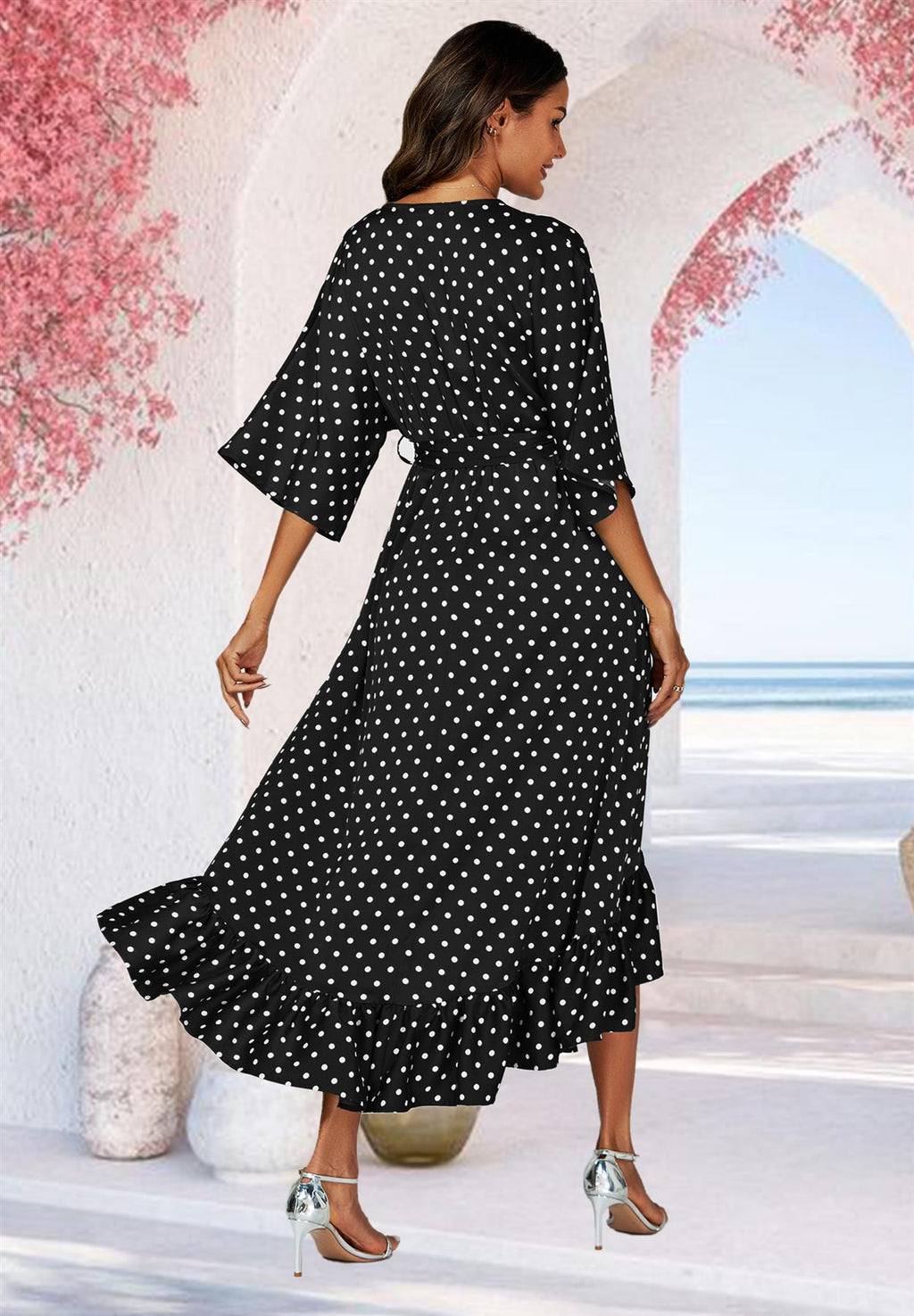 Polka Dot Print Wrap Top Kimono Sleeve Maxi Dress In Black