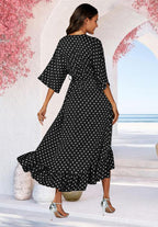 Polka Dot Print Wrap Top Kimono Sleeve Maxi Dress In Black