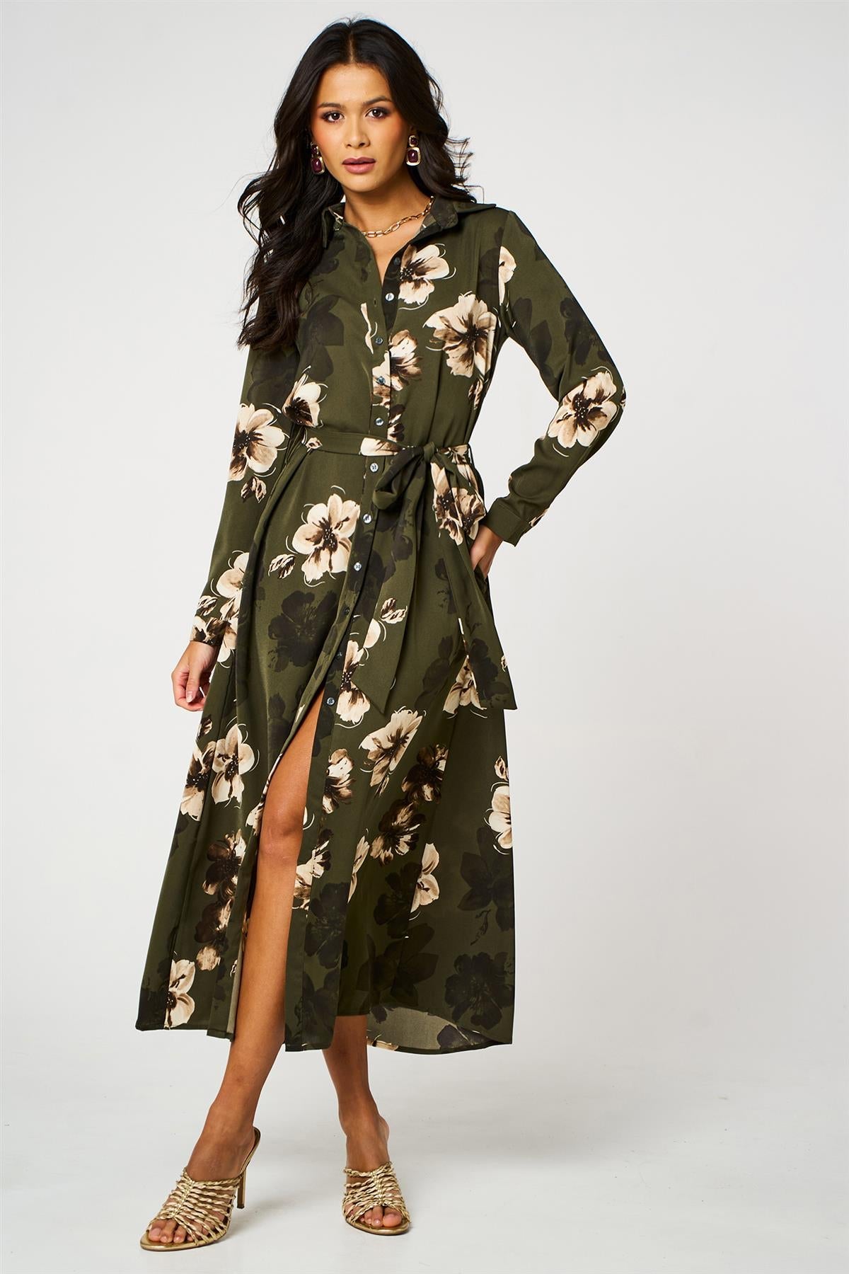 Large Floral Long Sleeve Belted Shirt Dress In Olive Green