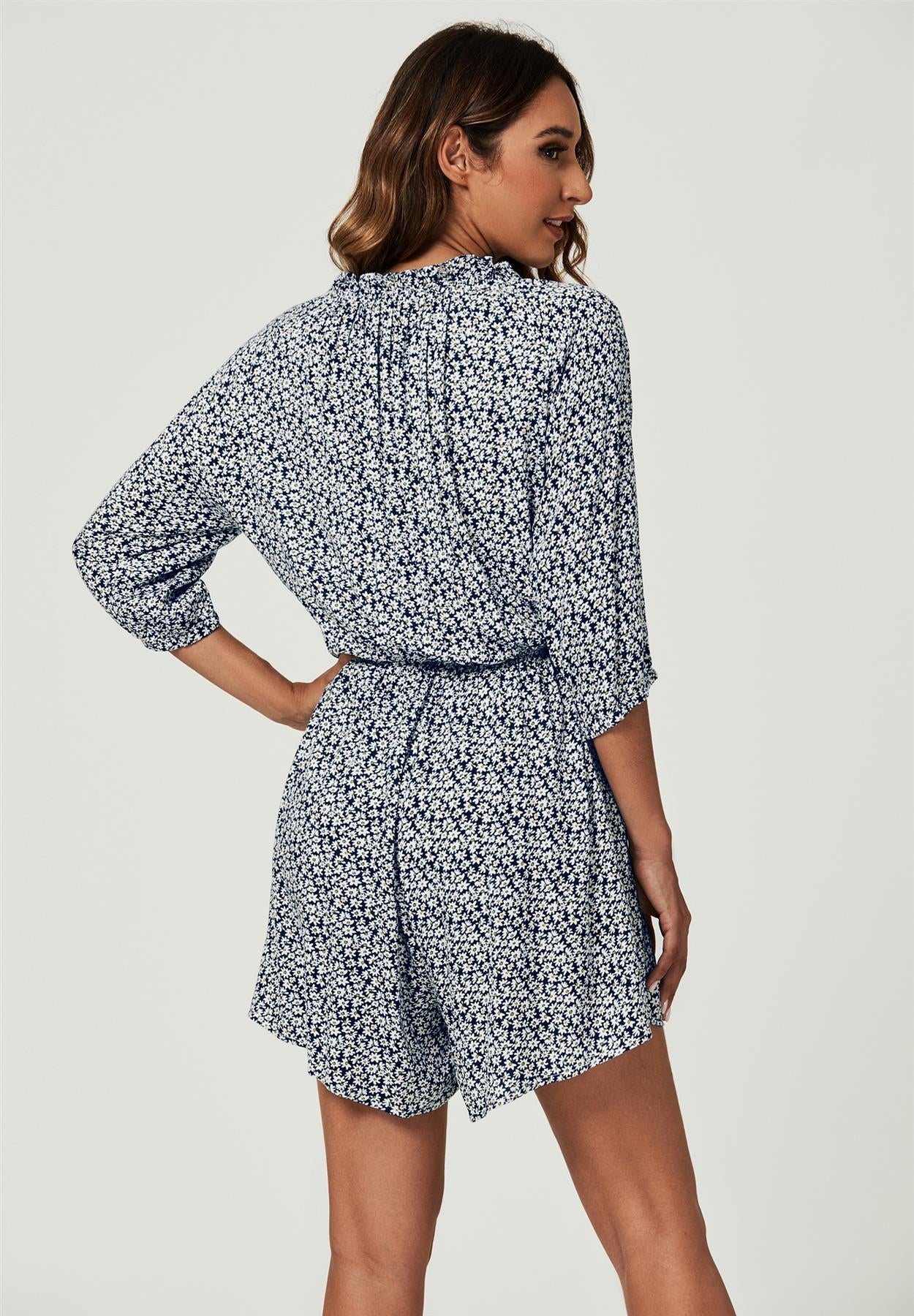Daisy Floral Print Boho Playsuit With Buttons In Navy
