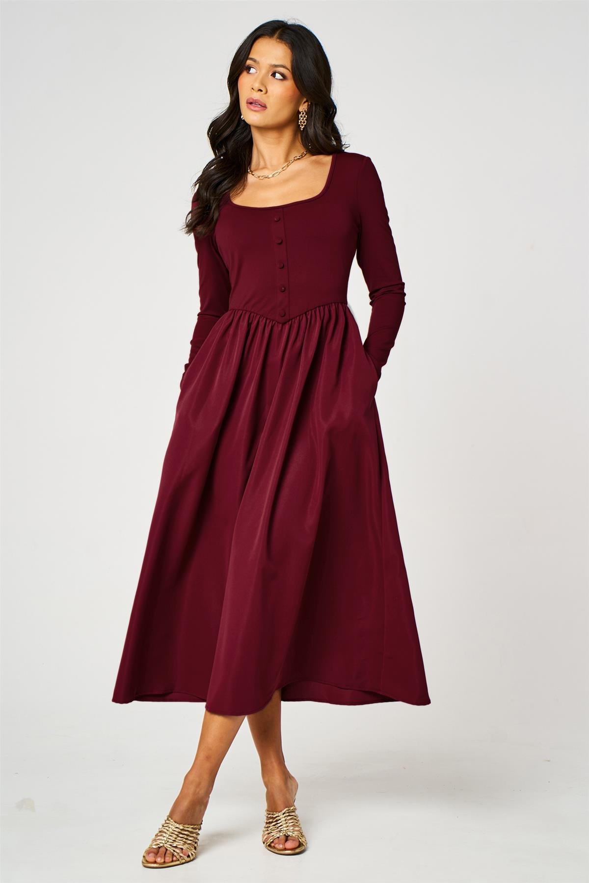 Long Sleeve Button Detail Midi Dress In Wine