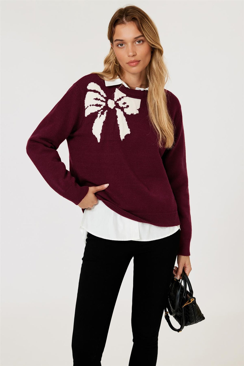Bowknot Pattern On Shoulder Knit Jumper Top In Wine