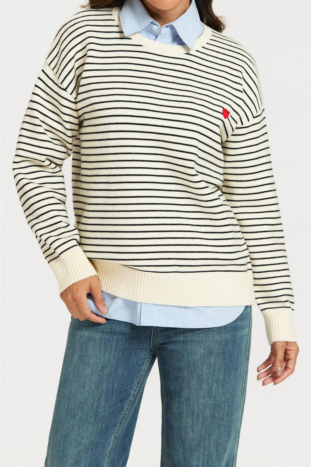 Little Heart Embroidery Stripe Pattern Jumper Top In White