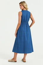 Button Down Denim Midi Dress In Blue