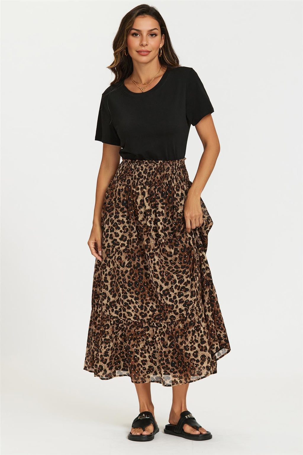 Gold Foil Leopard Print Midi Skirt In Brown