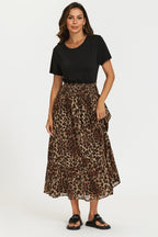 Gold Foil Leopard Print Midi Skirt In Brown