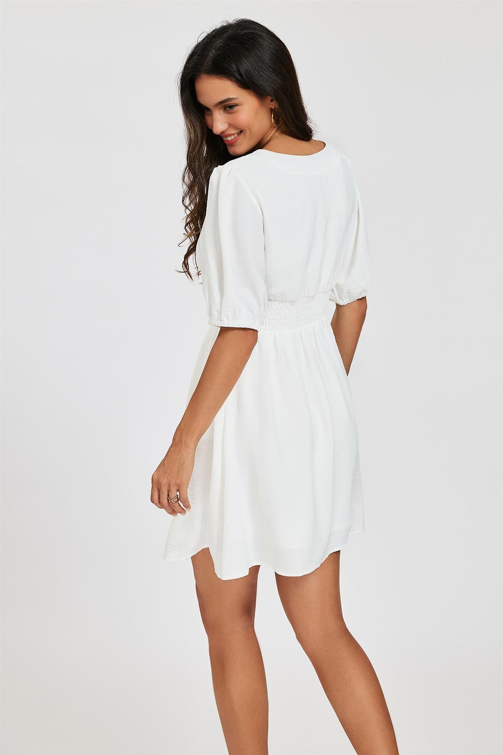 Puff Sleeve Button Down Mini Dress In White