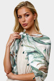 Green Leaf Print Tassel Scarf In White