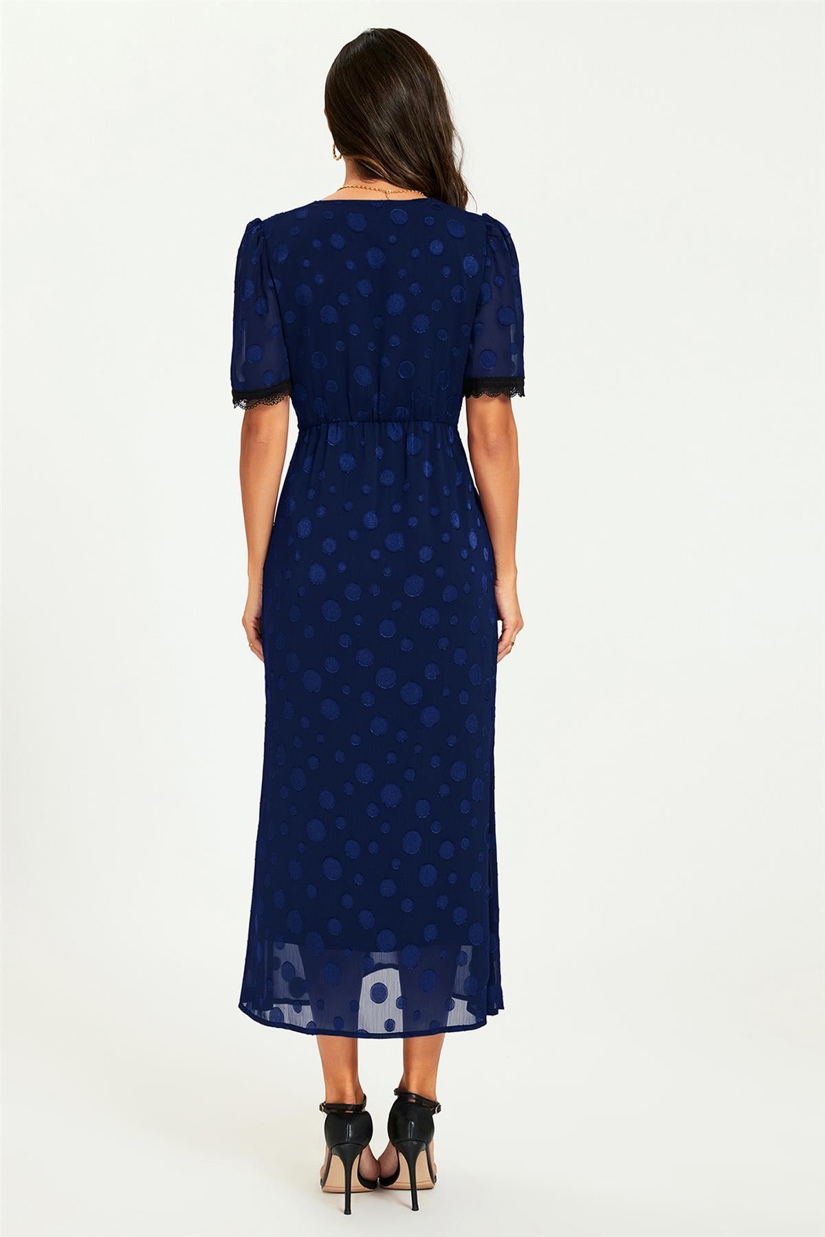 Polka Dot Jacquard Lace Trim Midi Dress In Navy