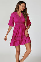 V Neck Lace Mini Dress In Fuchsia