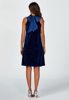 Silver Foil Velvet Halter Neck Tie Back Mini Dress In Navy