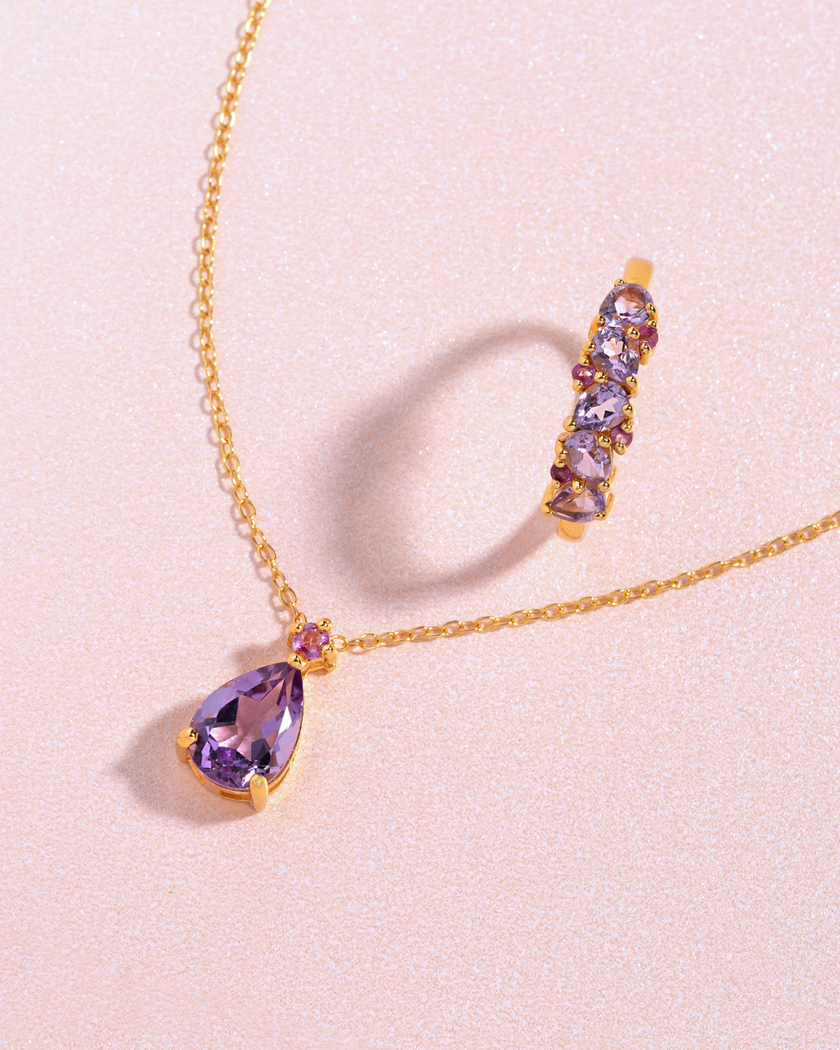 Pink Ruby & Amethyst Pear Cut Half Eternity Band in 18k Gold Vermeil