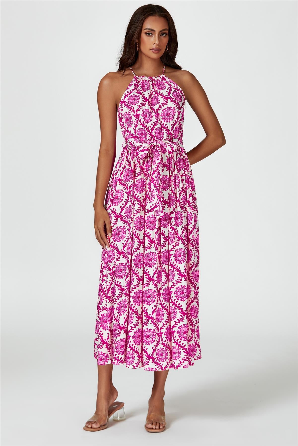 Floral Print Tie Halterneck Maxi Dress In Pink