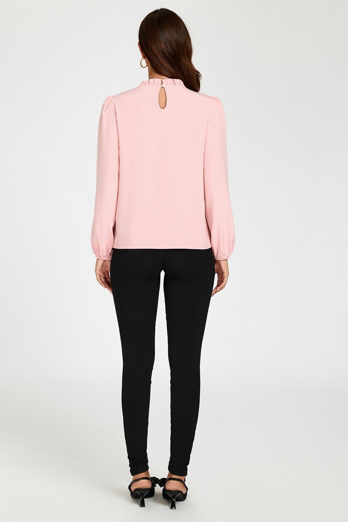 Floral Print Frill Detail High Neck Top In Pink