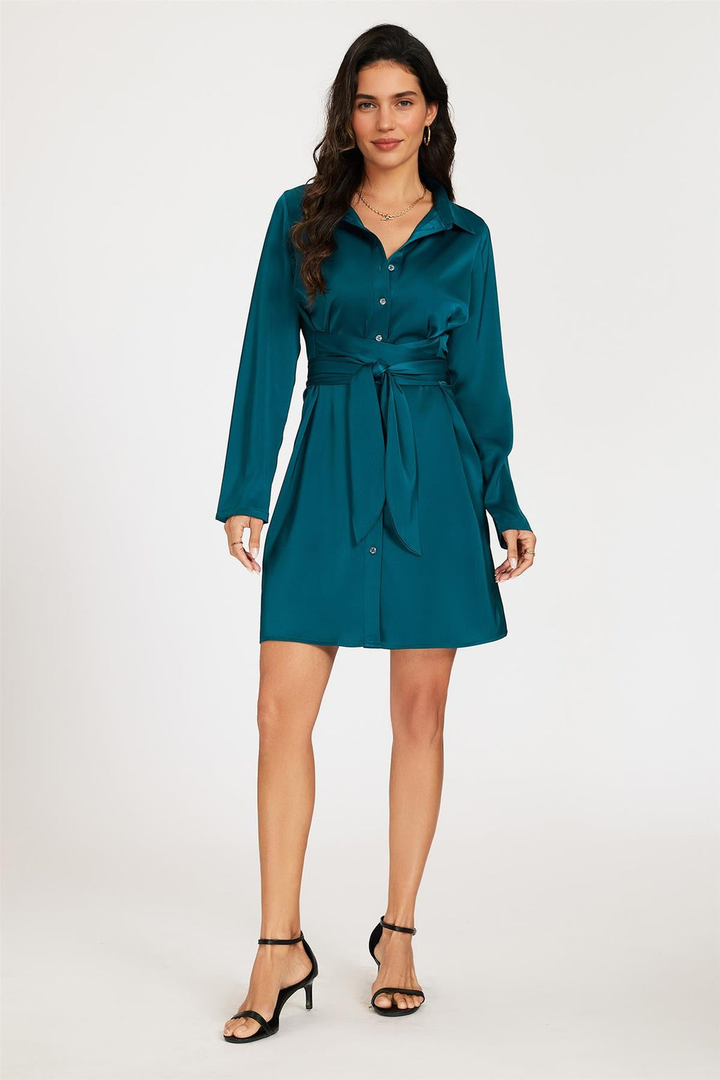 Satin Wrap Tie Mini Shirt Dress In Teal