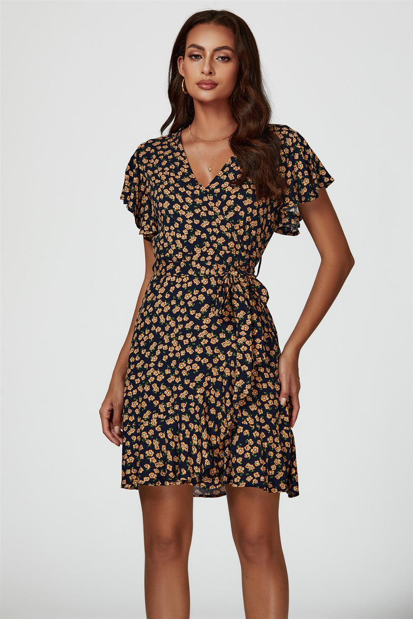 Robe cache-cœur à imprimé floral bleu marine