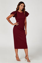 Volume Sleeve Bodycon Midi Dress In Burgundy