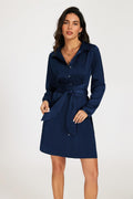 Satin Wrap Tie Mini Shirt Dress In Navy