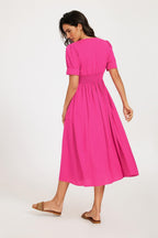 Button Front Short Sleeve Midi Dress In Hot Pink