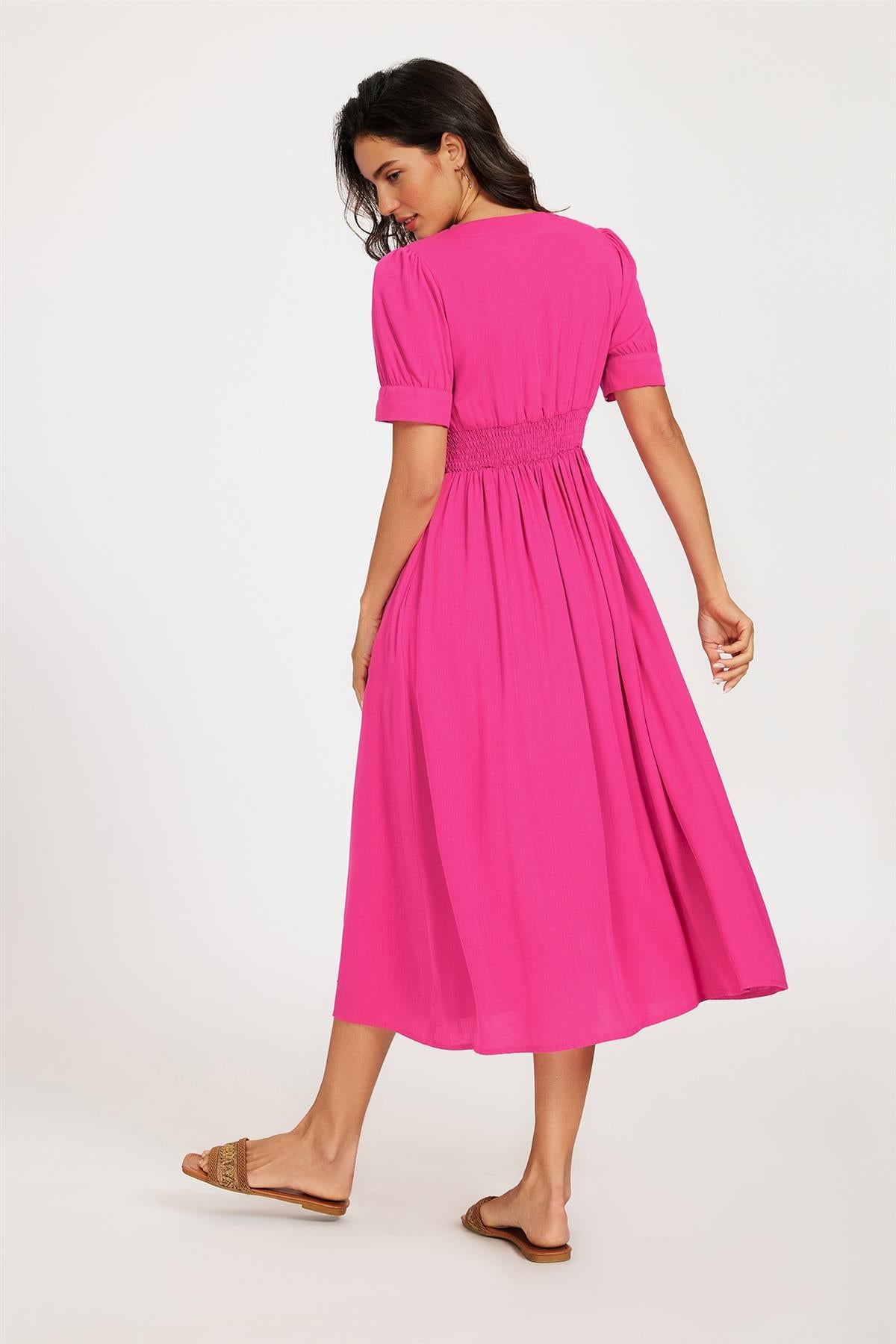Button Front Short Sleeve Midi Dress In Hot Pink