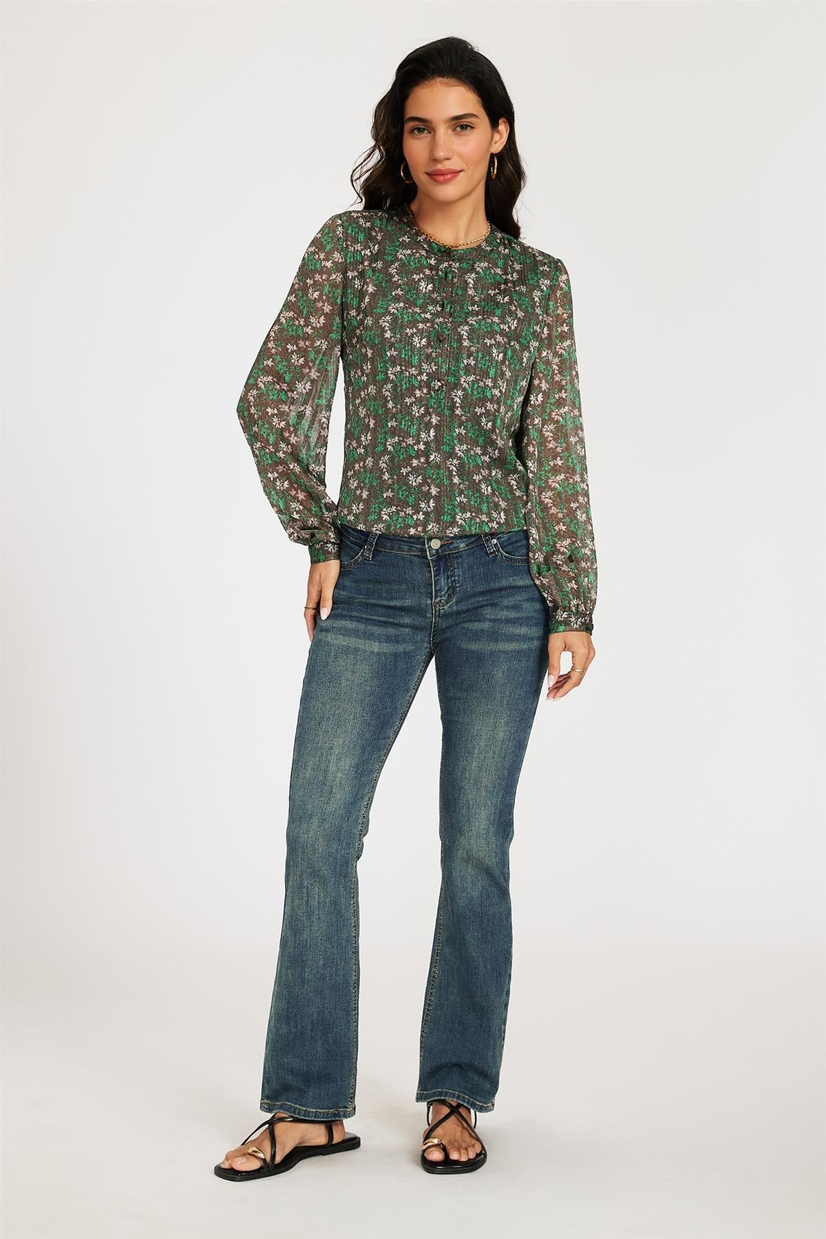 Silver Thread Print Long Sleeve Sheer Blouse In Brown