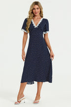 Lace Trim Dot Print Midi Dress In Navy