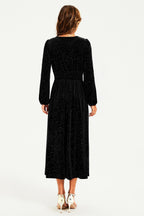 Silver Foil Velvet Lace Trim Neckline Midi Dress In Black