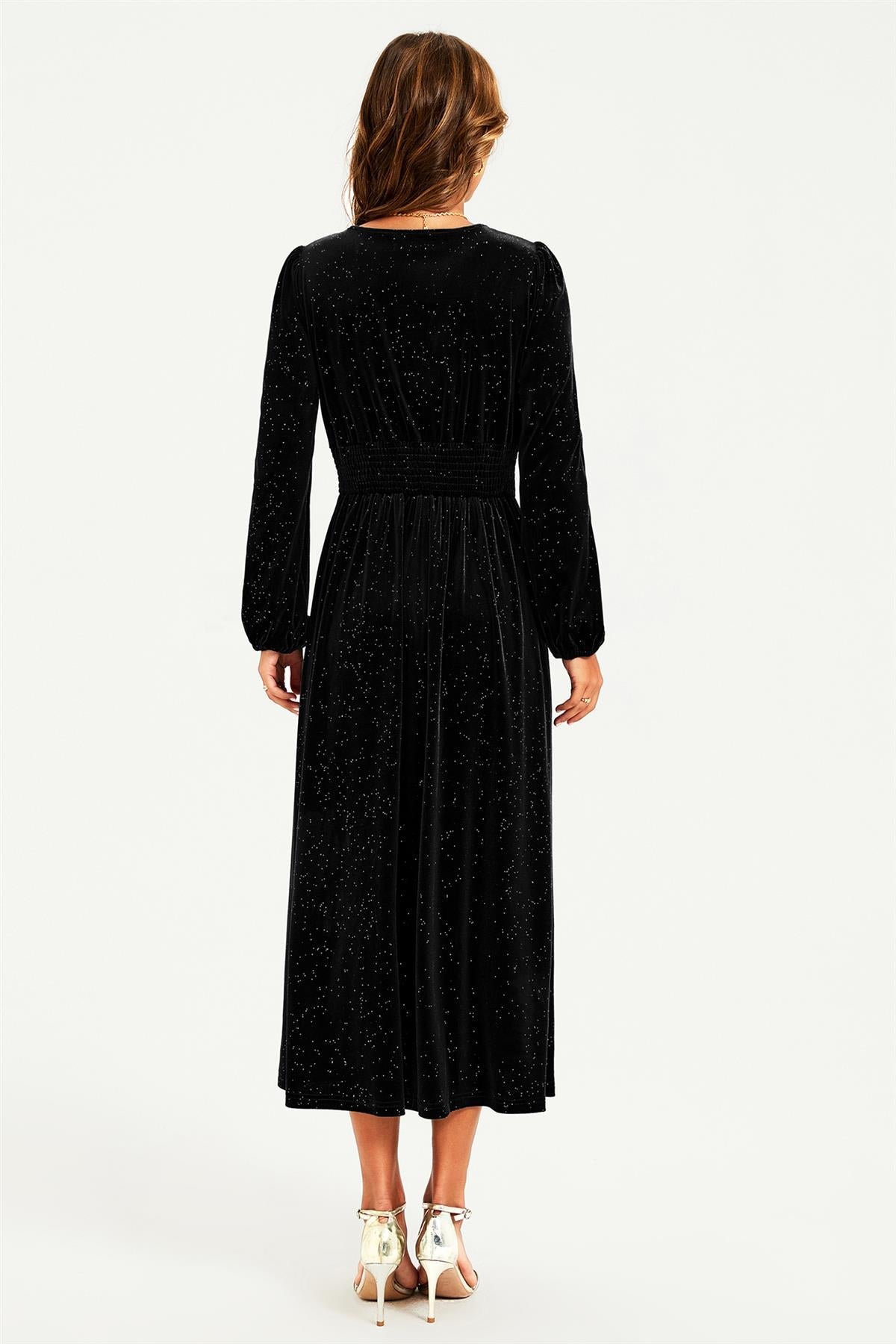 Silver Foil Velvet Lace Trim Neckline Midi Dress In Black