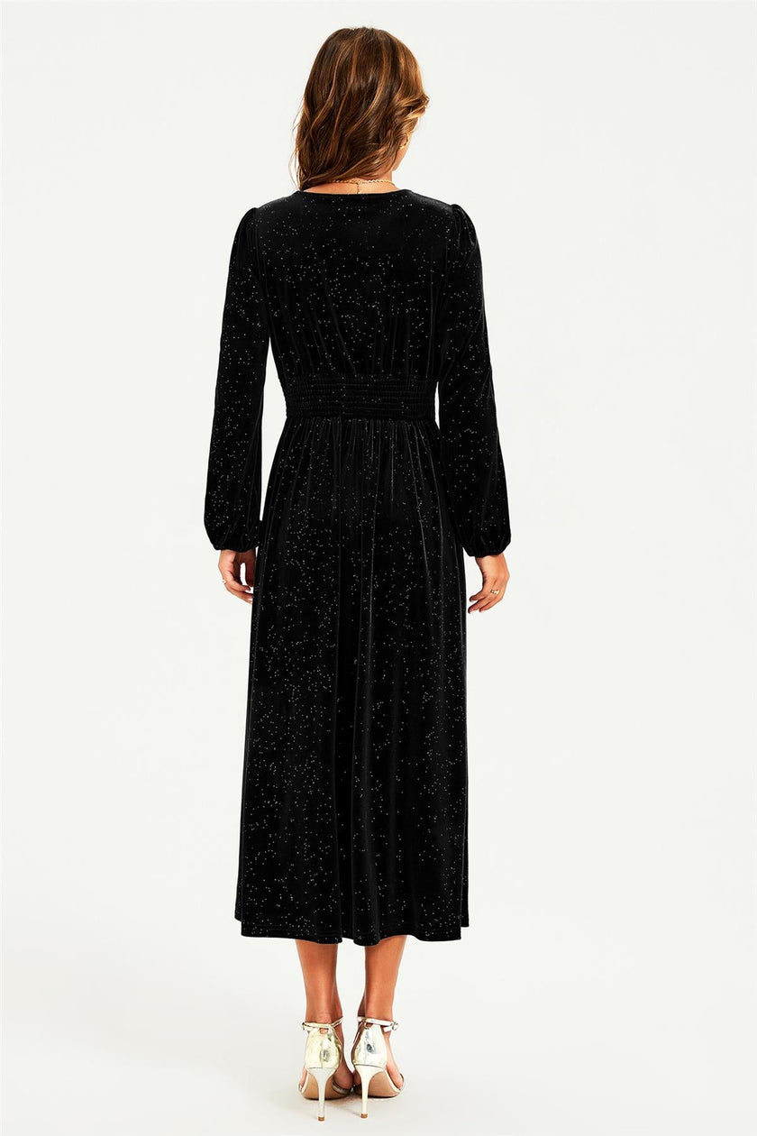 Vestido midi con escote de terciopelo, encaje y adornos de lámina plateada en color negro