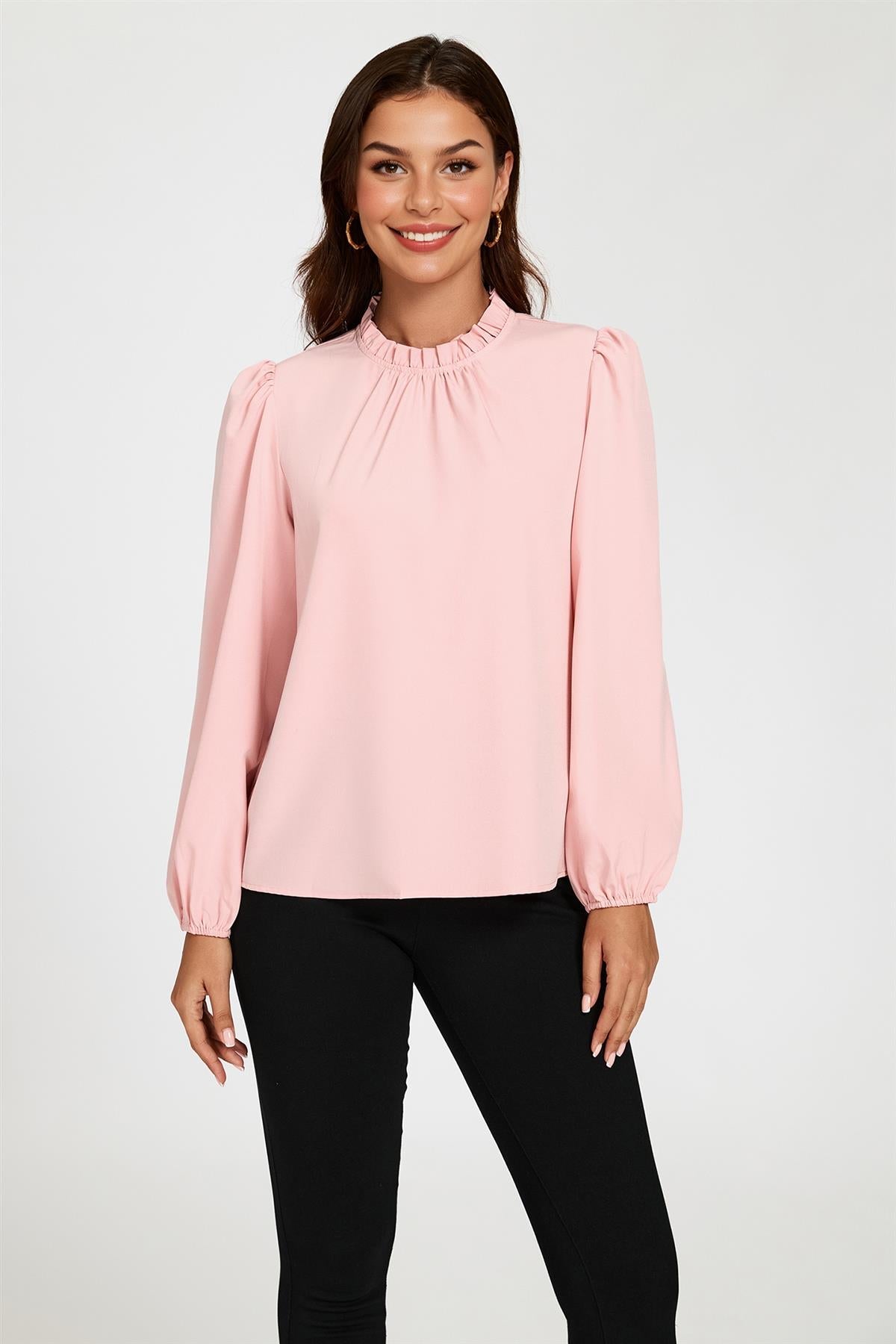 Floral Print Frill Detail High Neck Top In Pink