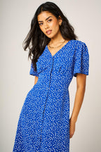Little Floral Print Button Front Midi Dress In Blue