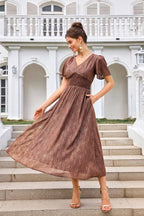 Angel Sleeve Gold Stripe Foil Midi Dress In Brown