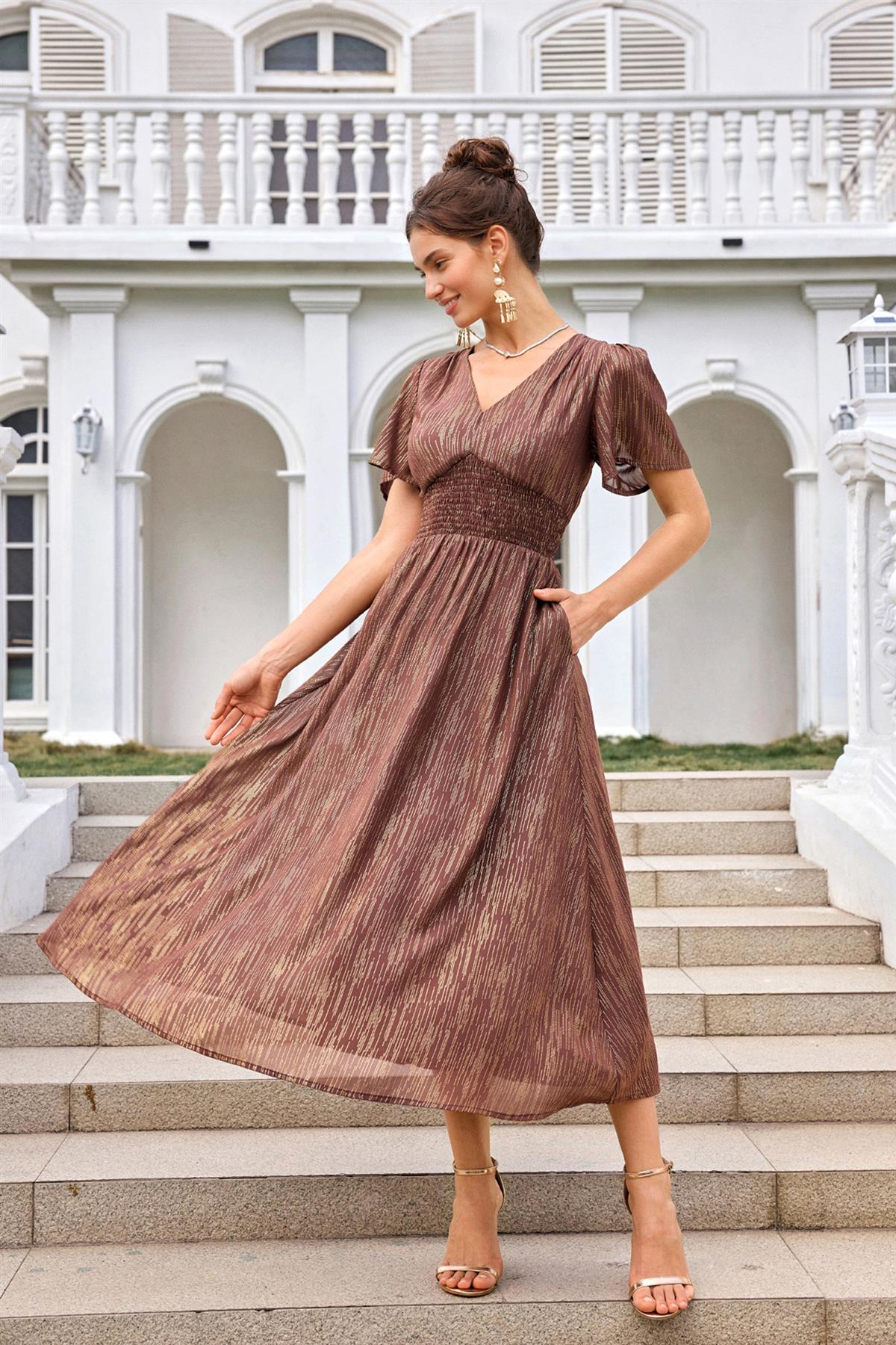 Angel Sleeve Gold Stripe Foil Midi Dress In Brown